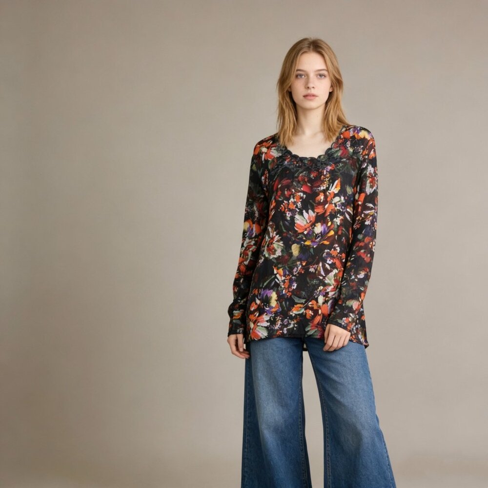 NWOT Johnny Was Floral Embroidered Long Sleeves Top Shirt Blouse Sz S